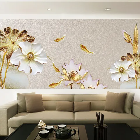 Chinesischer Stil 3D Relief Lotus Koi Wandtattoo Selbstklebend PVC Wandbild Tapete Für Wohnzimmer TV Sofa Hintergrund Dekoration
