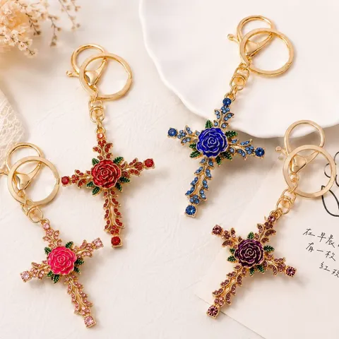 Retro Rose Cross Rhinestone Keychain Alloy Enamel Flower Bag Pendant Elegant Key Ring Charm Women Jewelry Gift