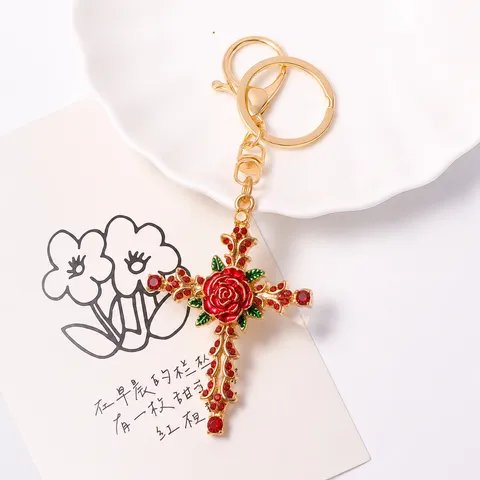 Retro Rose Cross Rhinestone Keychain Alloy Enamel Flower Bag Pendant Elegant Key Ring Charm Women Jewelry Gift