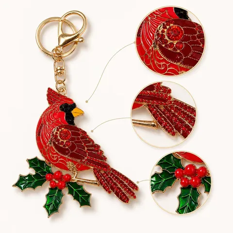 Porte-clés Oiseau Cardinal Rouge de Noël Classique Vintage Strass Charm de Sac Alliage Anneau de Clé Cadeau de Fête