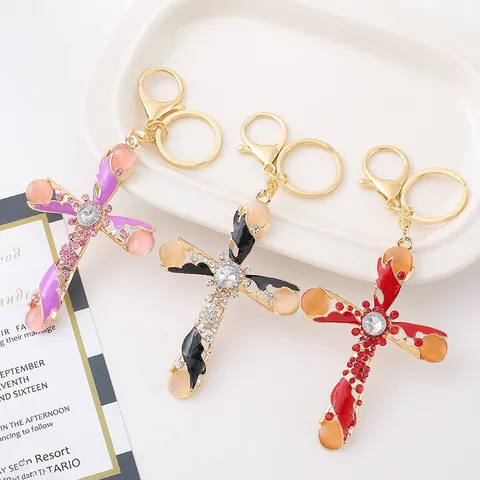 Portachiavi a Croce in Metallo Strass Occhio di Gatto Portachiavi Lusso Leggero Moda Borsa Pendente Anello Chiave Auto Regalo Per Donne
