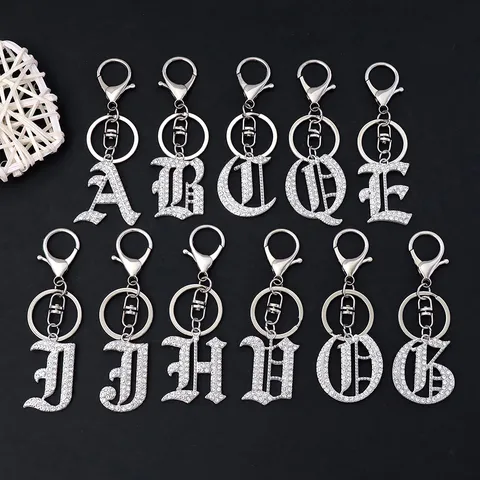 Porte-clés Lettre Strass Style Gothique en Alliage de Zinc Argent Anneau Clé Alphabet Pendentif Sac à Dos Cadeau Bijou Mode