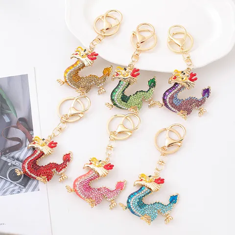 Porte-clés Dragon du Zodiaque de Style Chinois Métal Strass Porte-clés Mignon Animal Sac Pendentif Mode Bijoux Accessoire Cadeau