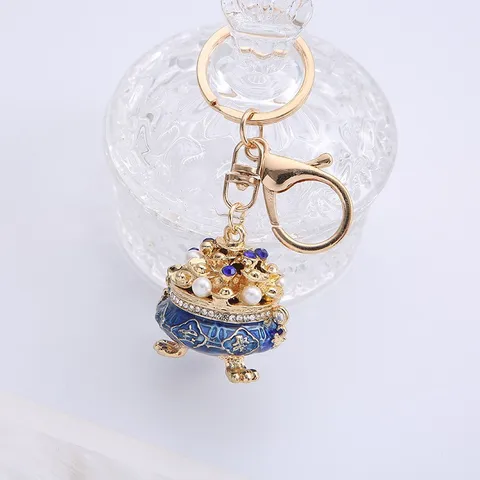 Porte-clés Corne d'Abondance Style Chinois Métal Strass Perle Artificielle Cordon en Cuir Tressé Pendentif de Sac Cadeau