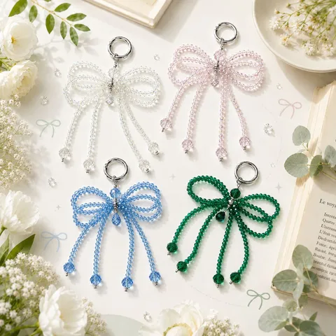 Crystal Bow Keychain Cute Rhinestone Beaded Bag Pendant Car Key Ring Phone Chain Fashion Jewelry Gift for Women