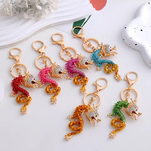 Style Chinois Dragon du Zodiaque Métal Strass Porte-clés Cœur Corde en Cuir Pendentif de Sac de Voiture Bijou Anneau de Clé