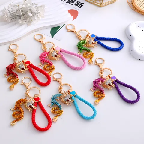 Style Chinois Dragon du Zodiaque Métal Strass Porte-clés Cœur Corde en Cuir Pendentif de Sac de Voiture Bijou Anneau de Clé