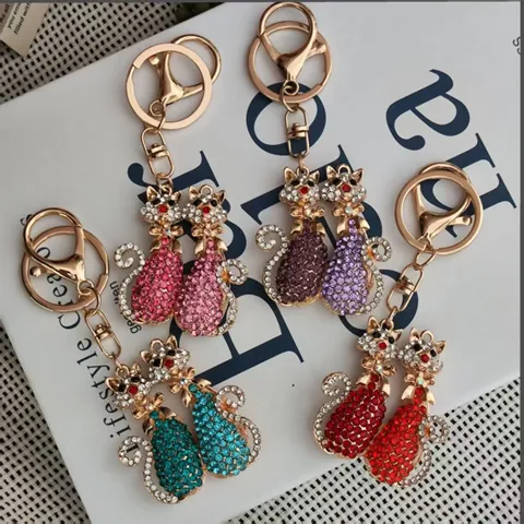 Porte-Clés Créatif Chat Couple Strass Pendentif Sac Métal Mignon Animal Chaîne Clés Voiture Bijou Mode Cadeau