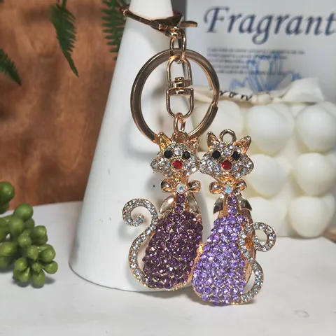 Porte-Clés Créatif Chat Couple Strass Pendentif Sac Métal Mignon Animal Chaîne Clés Voiture Bijou Mode Cadeau