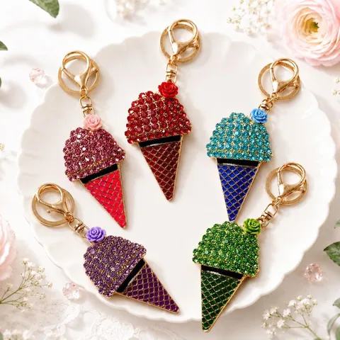 Rhinestone Ice Cream Keychain Metal Alloy Cute Bag Pendant Car Key Ring Fashion Jewelry Gift Accessories