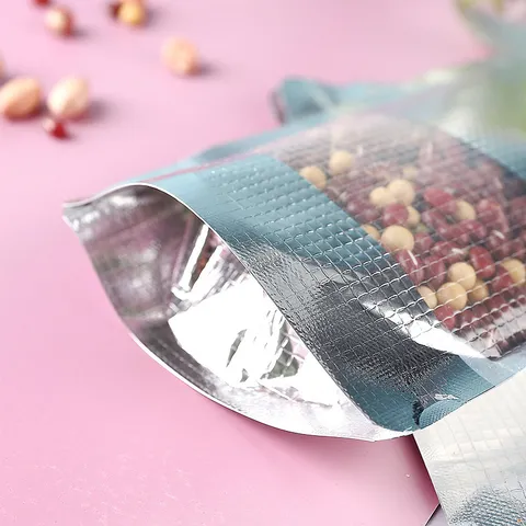 Silber Geprägt Standbeutel Mit Klarem Sichtfenster Reißverschluss Aluminiumfolie Wiederverschließbare Beutel Für Lebensmittel Snacks Nüsse Tee Verpackung