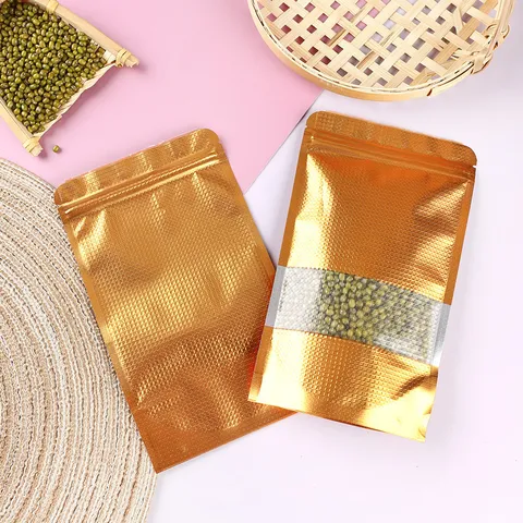 Dunkelgold Geprägte Aluminiumfolie Lebensmittelverpackungsbeutel Selbstversiegelnd Standbeutel Mit Transparentem Fenster Für Tee Nüsse Snacks Lagerung