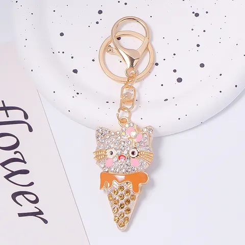 Simpatico Gatto Cartone Animato Cono Portachiavi Strass Metallo Ciondolo Portachiavi per Chiavi Auto Zaino Donna Gioielli Regalo