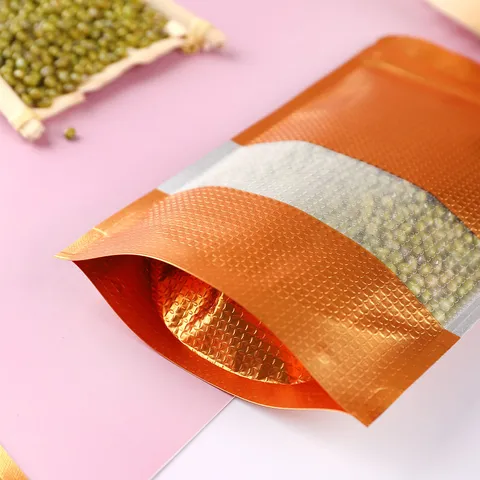 Dunkelgold Geprägte Aluminiumfolie Lebensmittelverpackungsbeutel Selbstversiegelnd Standbeutel Mit Transparentem Fenster Für Tee Nüsse Snacks Lagerung