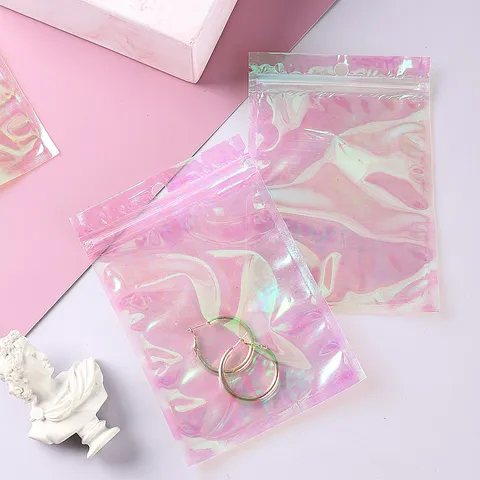 Irisierender Laser-Druckverschlussbeutel Regenbogenfolie Schmuck Verpackungsbeutel Transparent Irisierende Kleinteile Versiegelter Beutel