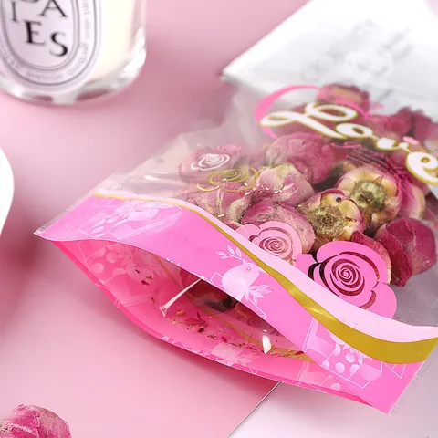Transparent Bedruckt Freistehend Reißverschluss Plastiktüte Rosenblüten Druck Feuchtigkeitsbeständig Aufbewahrungstasche Für Tee Lebensmittelverpackung