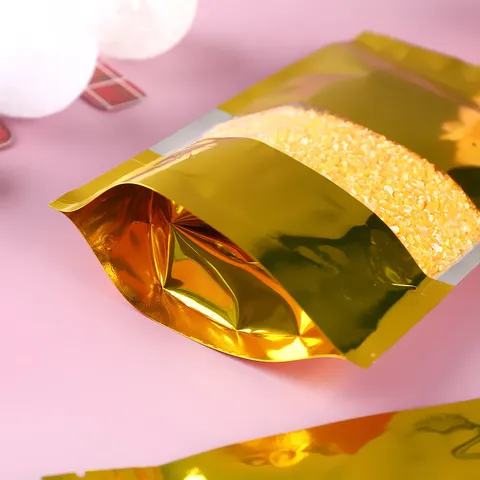 Gold Stehbeutel Mit Fenster Reißverschluss Wiederverschließbare Aluminiumfolie Lebensmittelverpackungsbeutel Für Tee Snack Beutel