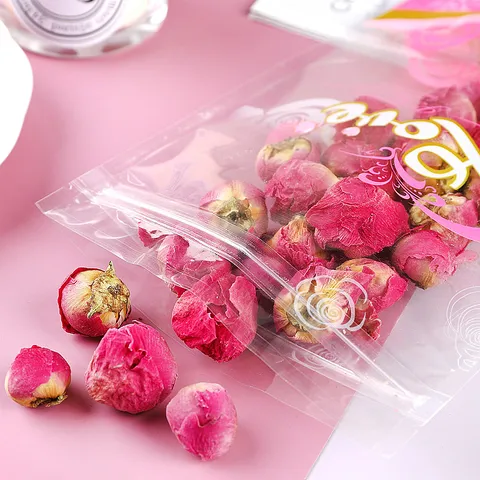 Transparent Bedruckt Freistehend Reißverschluss Plastiktüte Rosenblüten Druck Feuchtigkeitsbeständig Aufbewahrungstasche Für Tee Lebensmittelverpackung