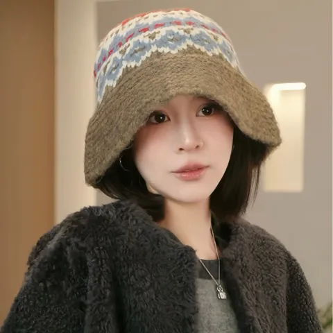 Chapeau Bassin Tricoté en Coton Jacquard Ethnique Rétro Femmes Hiver Chaud Chapeau de Pêcheur Vintage Décontracté Bucket Hat