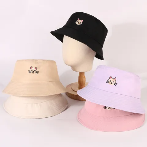 Cappello da Pescatore con Ricamo Gatto Carino da Donna Estate Casual Protezione Solare Poliestere Cappello a Secchiello Studente Coppia