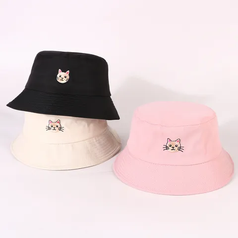 Cappello da Pescatore con Ricamo Gatto Carino da Donna Estate Casual Protezione Solare Poliestere Cappello a Secchiello Studente Coppia