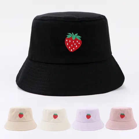 Women Summer Sun Protection Bucket Hat Strawberry Embroidery Casual Polyester Breathable Wide Brim Fisherman Hat