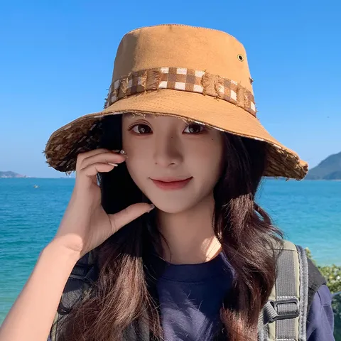 Women's Casual Bucket Hat Summer Outdoor Sun Protection Cotton Plaid Color Block Wide Brim Fishermans Hat Travel Hiking Cap