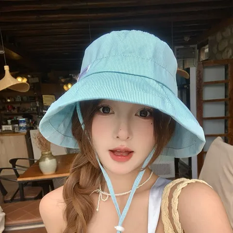 Dames Zonbescherming Vissershoed Japans Fris Mintgroen Gestreepte Snoepkleur Zomer Casual Buiten Strandhoed