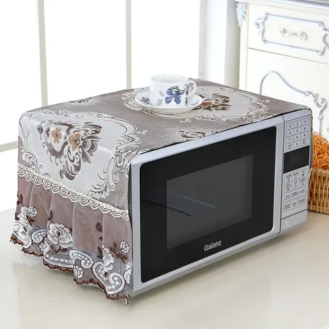 European Style Fabric Microwave Oven Dust Cover Vintage Floral Printed Lace Edge Kitchen Appliance Protective Cover