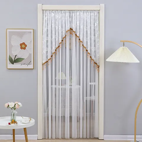 Rideau de Porte en Dentelle Motif Floral Botanique Frange Rideau de Cloison en Maille Légère Pour Chambre à Coucher Décoration Intérieure