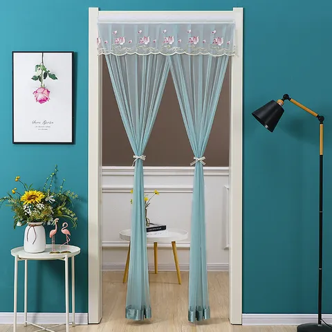 Lace Mosquito Net Door Curtain Double Panel Anti-Mosquito Privacy Sheer Curtain with Floral Embroidery Velcro Home Decor