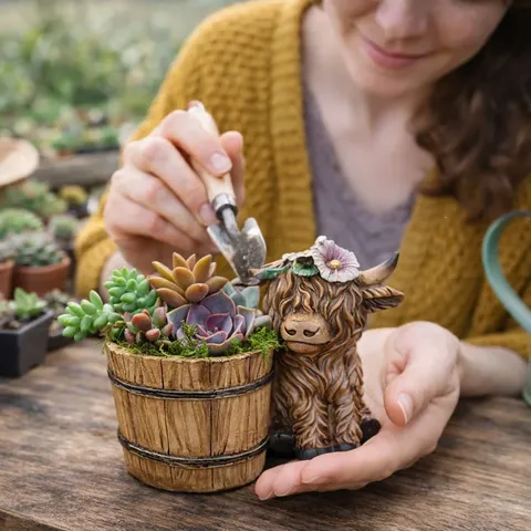 Süßes Harz Hochlandrind Pflanzgefäß Rustikale Holzmaserung Textur Blume Hochlandrind Sukkulententopf Garten Outdoor Wohnkultur Ornament