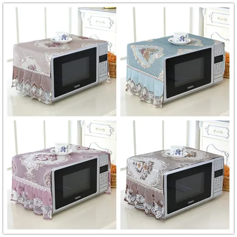 European Style Fabric Microwave Oven Dust Cover Vintage Floral Printed Lace Edge Kitchen Appliance Protective Cover