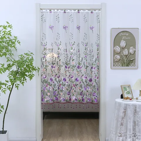 Lace Door Curtain Embroidered Floral Sheer Curtain With Tassels For Bedroom Living Room Home Decor