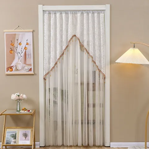 Cortina de Puerta de Encaje Francés Cortina de Partición de Tul Cortina de Malla Sin Perforaciones Para Dormitorio Cocina Decoración
