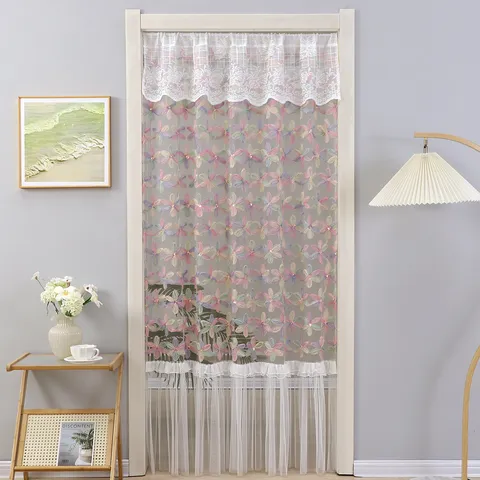 French Romantic Lace Door Curtain Floral Embroidered Sheer Curtain Partition For Bedroom Corridor Home Decor
