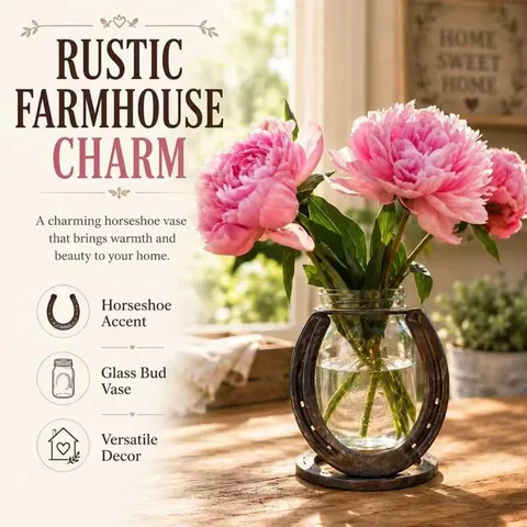 Porte-Vase Rustique en Fer à Cheval Avec Pot en Verre Support Métallique Pour Décoration de Bureau Style Ferme