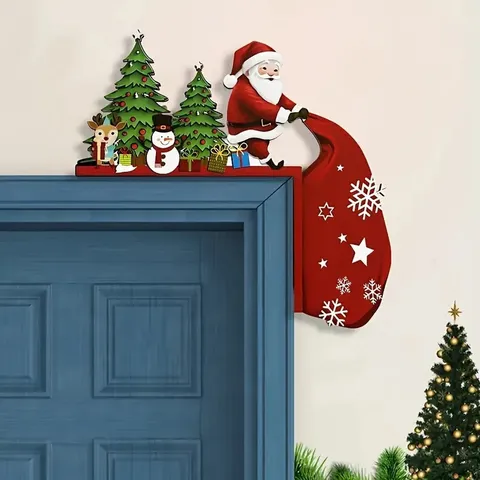 Christmas Wooden Door Corner Sign Self Adhesive Solid Wood L Shaped Frame Decoration Santa Claus Snowman Reindeer Christmas Tree Pattern Holiday Wall Hanging Decor