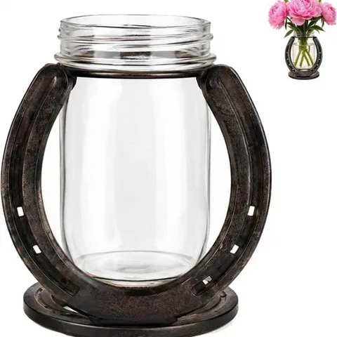 Porte-Vase Rustique en Fer à Cheval Avec Pot en Verre Support Métallique Pour Décoration de Bureau Style Ferme