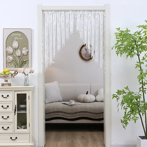 Französischer Stil Weißer Spitzentürvorhang Elegantes Einfarbiges Raumteiler Vorhang Mit Perlenanhänger Für Schlafzimmer Wohnkultur