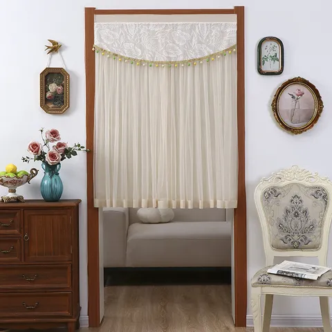 Modern Minimalist Polyester Door Curtain Semi Blackout Privacy Curtain with Lace Tassels for Bedroom Living Room