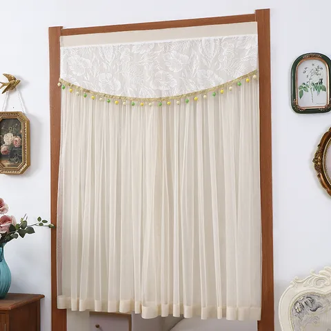 Modern Minimalist Polyester Door Curtain Semi Blackout Privacy Curtain with Lace Tassels for Bedroom Living Room