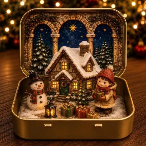 Weihnachts Miniaturlandschaft Dekoration In Gold Metallbox Kreative LED Leuchtende Weihnachtsmann Schneemann Krippe Tischschmuck Festliche Hausdeko