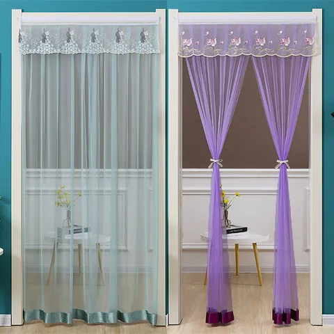 Lace Mosquito Net Door Curtain Double Panel Anti-Mosquito Privacy Sheer Curtain with Floral Embroidery Velcro Home Decor