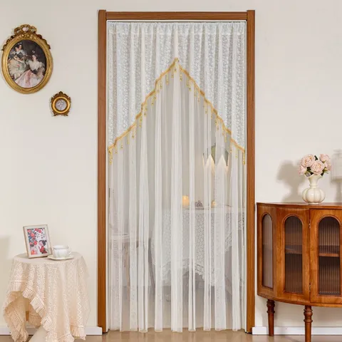 Lace Door Curtain Anti Mosquito Mesh Partition Curtain With Telescopic Rod European Vintage Floral Bedroom Home Decor