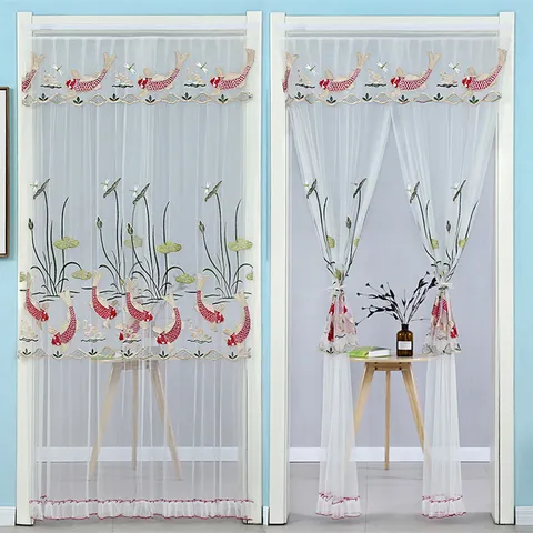 Cortina de Puerta Antimosquitos Doble Capa Gasa Encaje Bordado Pez Koi Cortina de Ventana Sin Punzonado