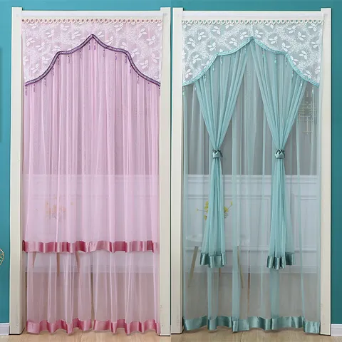 Lace Double Layer Mesh Door Curtain Modern Minimalist Anti-Mosquito Room Divider Curtain With Beaded Tassel Trim