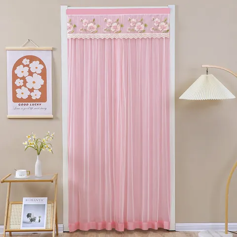 Lace Door Curtain Floral Embroidered Mesh Partition Privacy Anti-Mosquito Hanging Curtain For Bedroom Living Room