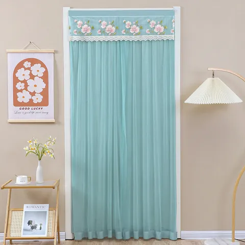 Lace Door Curtain Floral Embroidered Mesh Partition Privacy Anti-Mosquito Hanging Curtain For Bedroom Living Room
