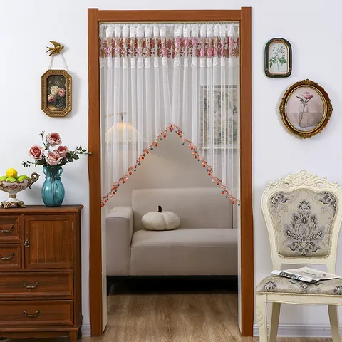 Landhausstil Weiß Spitze Kurzer Vorhang Küchen-Türvorhang Mit Stange Blumen Bestickt Fenster Volants Dekorative Wohnkultur